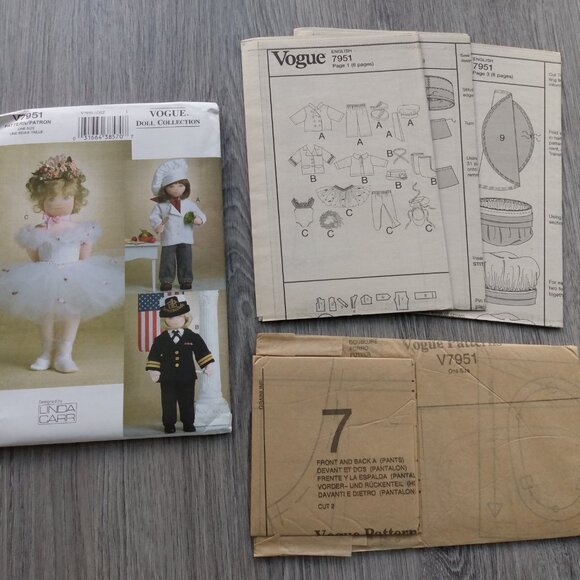 18" Doll Clothes Sewing Pattern Chef Ballerina Captain Pilot UNCUT 7951 - Picture 7 of 8
